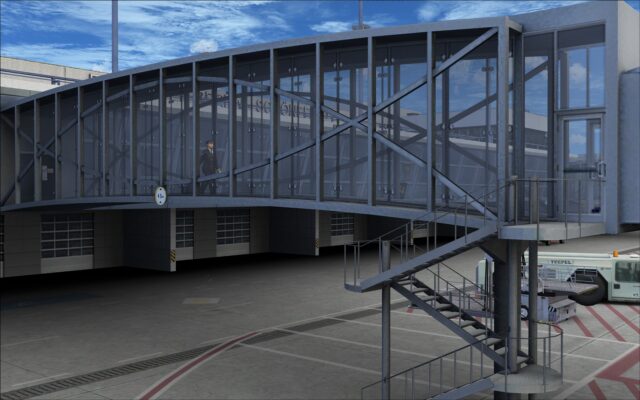 Detailed transparent jet way with pilot walking to his aircraft