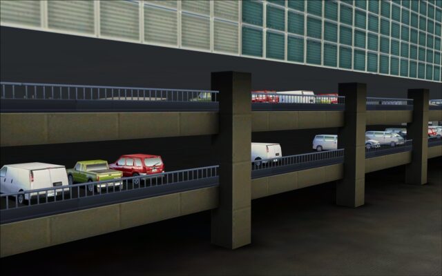 Vehicles parked on lower levels of parking garages