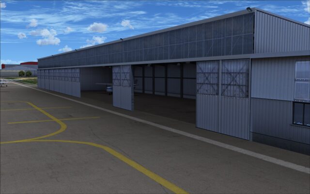 Large hangar with open doors