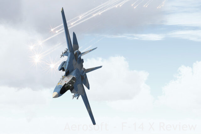Another Tacpack feature: flares! Only salvo mode is currently working in the F-14, so you'll run out in seconds unless you're careful. But it looks nice!