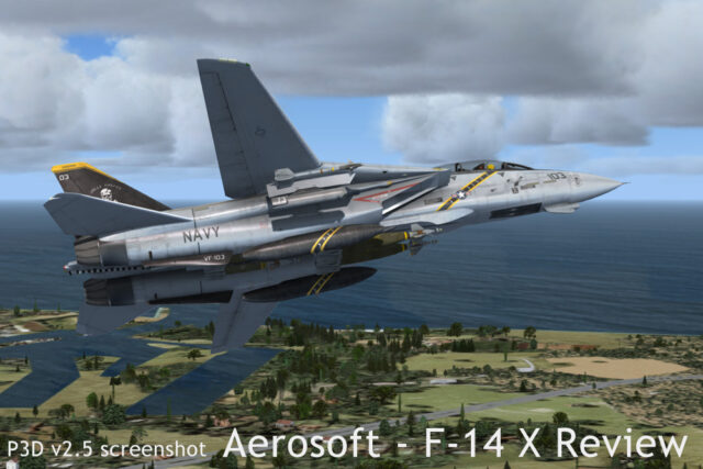 A screenshot of the F-14B's exterior in P3D v2.5, armed for a bombing mission.