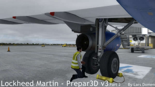The Aerosoft Airbusses include an Avator model in high-viz jacket. Here, the pilot is inspecting the landing gear.