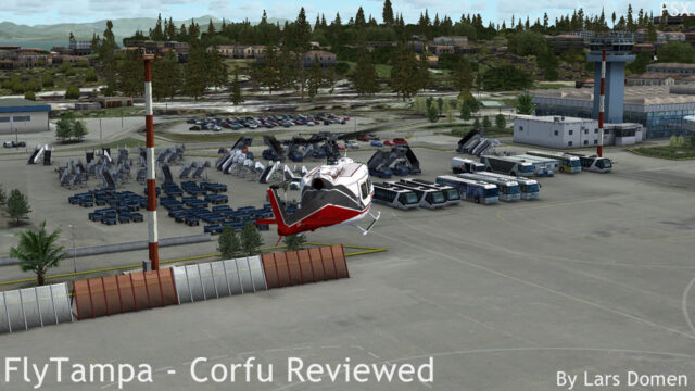 One of the few FSX screenshots in this review, showcasing the 'normal' trees, and some of the airport clutter.