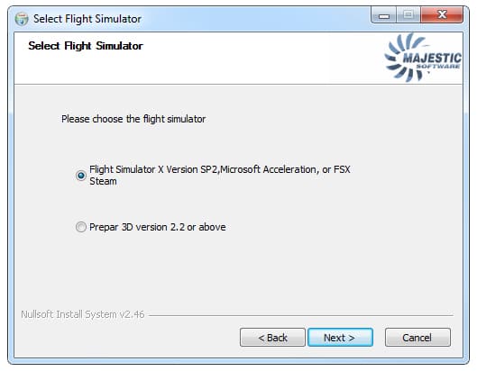 The "Select a Flight Simulator" page of the installer (v1.018). Note that as of v1.018c, P3Dv3 is also natively supported.