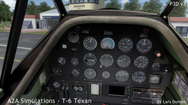 The autopilot is visible top left on the panel. I tended to fly with it installed, although seldom enabled. As you can see, functionality is very limited. In essence: maintain heading, turn left or turn right. A separate altitude hold is also available.