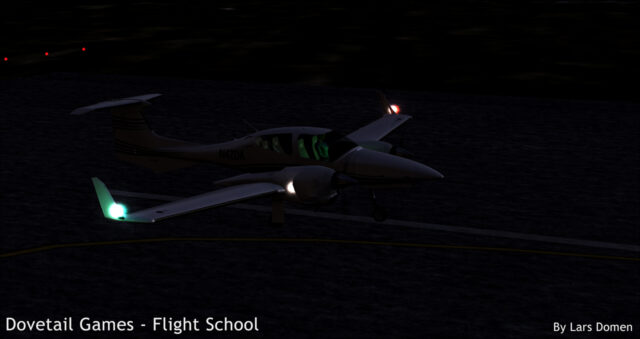 The exterior of the DA-42 with all lights on.