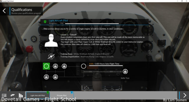 The 'Pilot Qualifications' screen, before starting the first lesson.