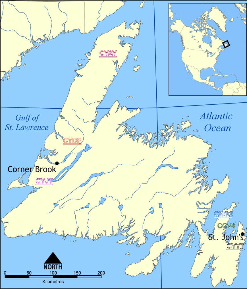 Figure 2 Newfoundland Map Showing airfields Courtesy Wikipedia