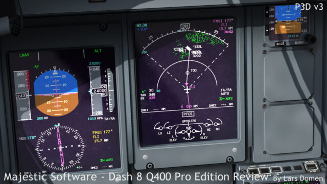 Several things to see in this screenshot. First of all, the great texturing of the displays. Note the dust and smudges. The light and shadow is of course P3D doing it's thing. Finally note the Top of Descend circle on the route. VNAV descend is very different to set up in the Q400 FMC compared to a Boeing or Airbus.